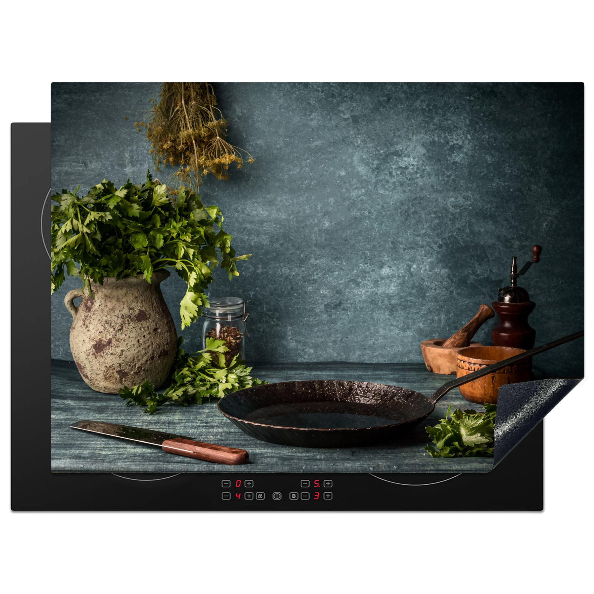 HERDABDECKPLATTE Kräuter - Gewürze - Pfanne - Messer - Grau - Rustikal Herdabdeckung Induktionsfeld 70x52 cm - Petrol, Kunststoff (70/52/0.2cm) - MuchoWow