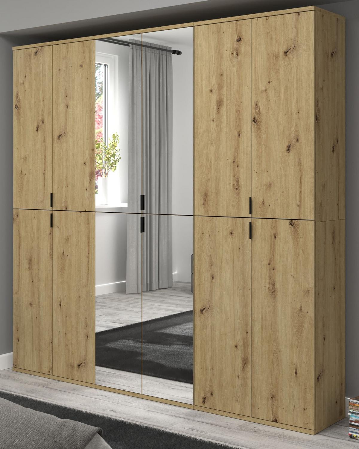 GARDEROBENSCHRANK Eiche 183 cm, Flurschrank mit Spiegel - Chromfarben/Schwarz, Glas/Holzwerkstoff (183/193/34cm) - Inn.Furn