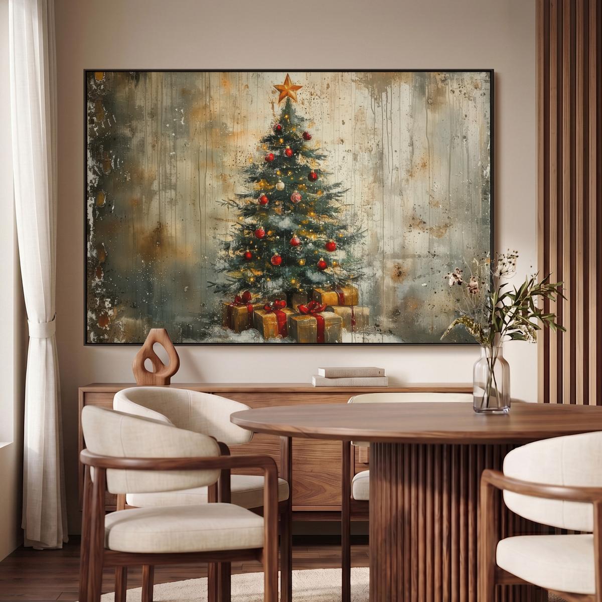 LEINWAND Bilder mit Rahmen - Weihnachtsbaum - Vintage - Weihnachten - Geschenk - 150x100 - Rostfarben, Textil (150/100cm) - MuchoWow