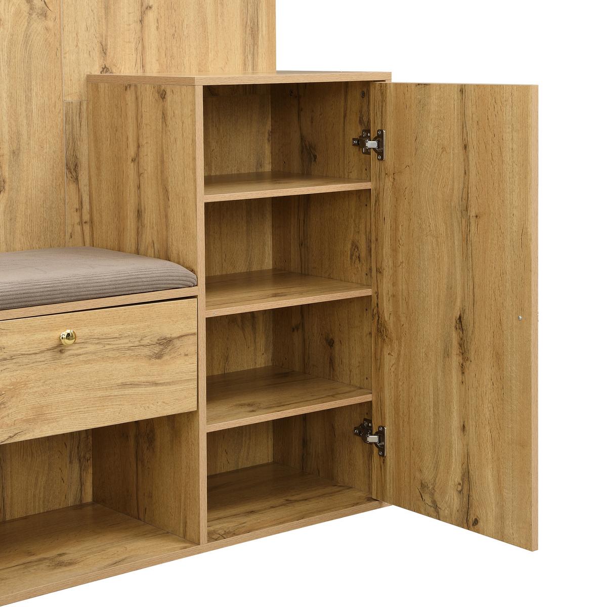 KOMPAKTGARDEROBE in Natur-Optik – mit Spiegel & Schirmständer - Naturfarben, Holzwerkstoff (115/185/37cm) - Urban Meuble