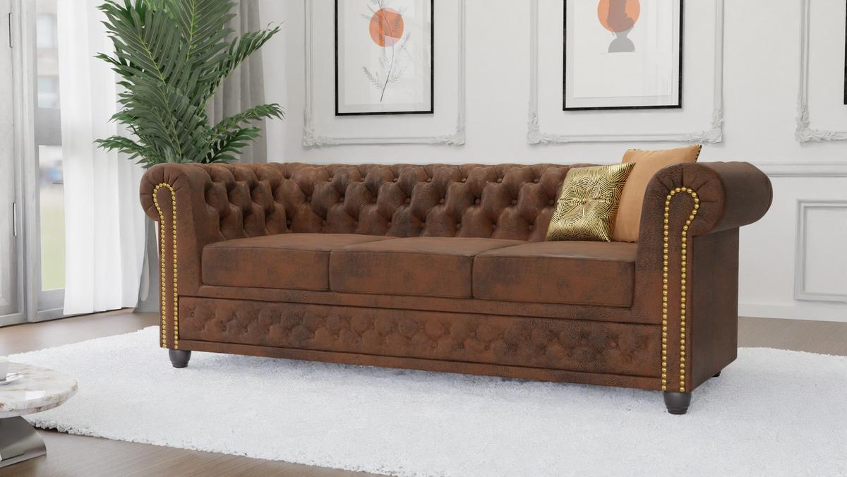 CHESTERFIELD-SOFA 3-sitzer Flux Braun Microfaser Vintageoptik - Braun, Holz/Textil (203/72/86cm) - S-Style Möbel