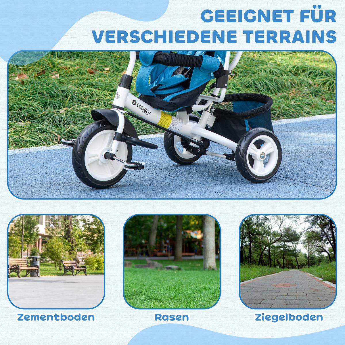 6-IN-1 Dreirad mit Schubstange, Kinderdreirad mit abnehmbarem Sonnendach - Hellblau, Metall (102/49/102cm) - HOMCOM