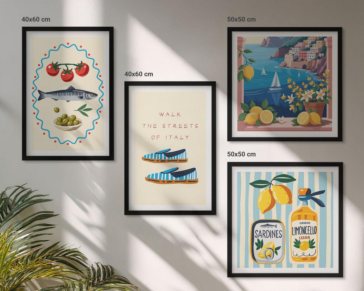 BILDER SET 4er Set - 50x50 cm & 40x60 cm Schwarzer Rahmen - Italienische Aromen, farbenfrohe Bilder - Schwarz, Kunststoff (50/50cm) - TULUP