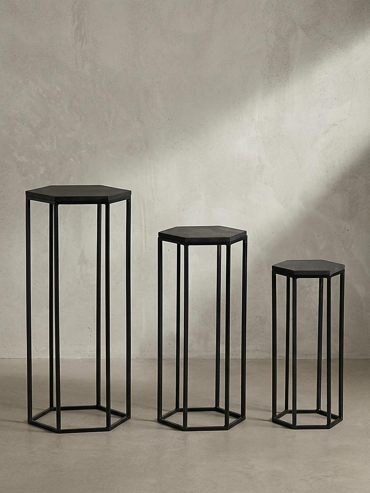 BEISTELLTISCHE 3er Set Massivholz und Metall in Hexagon-Form - Schwarz, Holz/Metall (35/35/90cm) - KADIMA DESIGN
