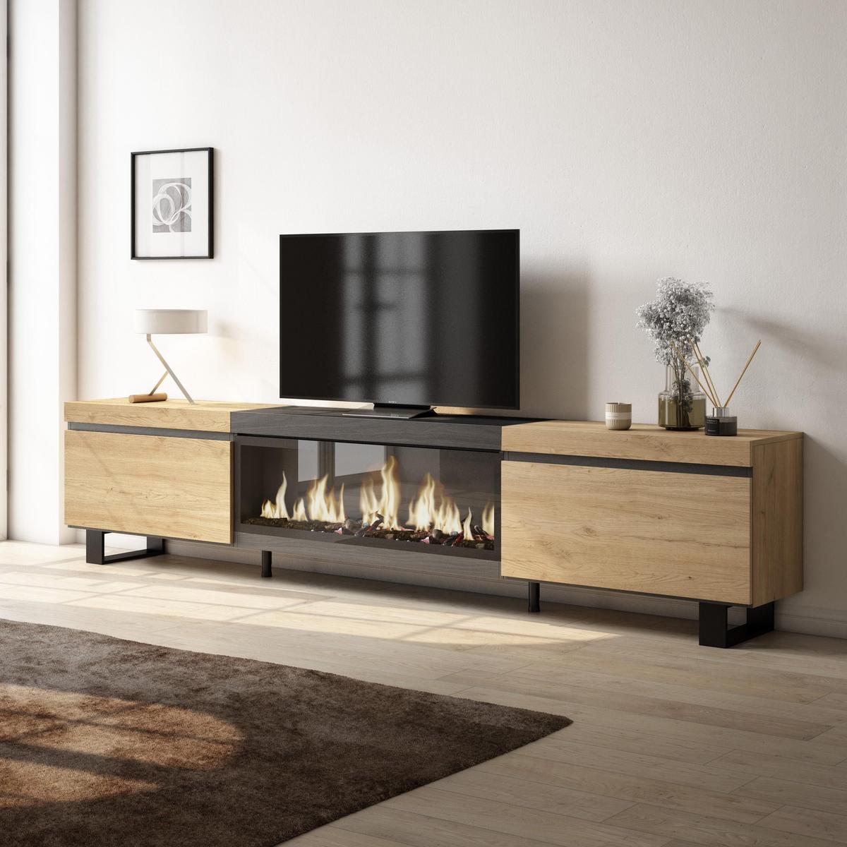 LOWBOARD, Tv-Schrank, mit Elektrokamin XXL, Eiche, Schwarz, 267/35/57cm - Eichefarben/Schwarz, Holzwerkstoff (267/57/35cm) - Skraut Home
