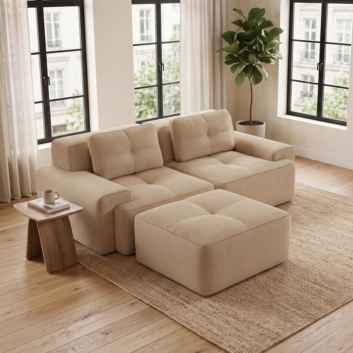 ECKSOFA Modulares Boneless Cord Sofa 2-Sitzer - Beige, Textil (204/177cm) - Urban Meuble