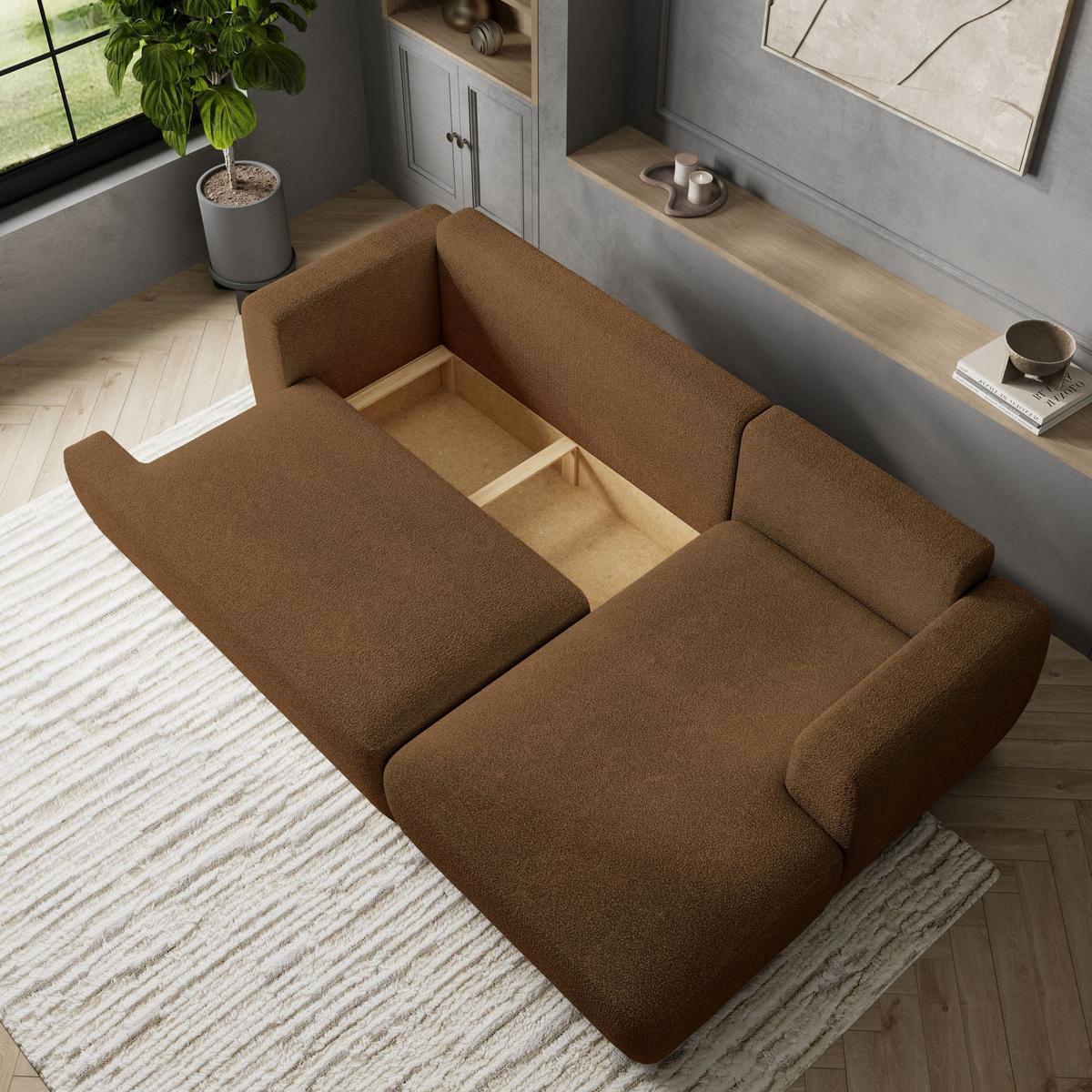 ECKSOFA SENTI N R-S Braun Boucle-Stoff mit Schlaffunktion - Schwarz/Braun, Holz/Kunststoff (246/148cm) - MASSENO