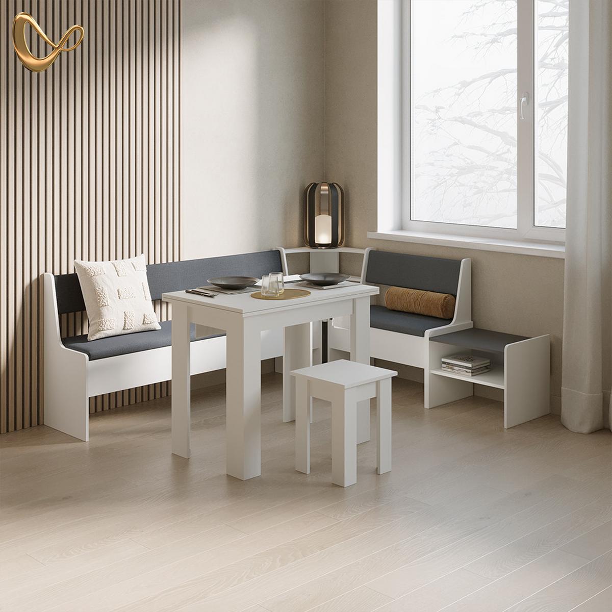 ECKBANKGRUPPE Tiberio Weiß 210 x 120 cm mit Tisch - Weiß, Holzwerkstoff (210/80/120cm) - Livinity®