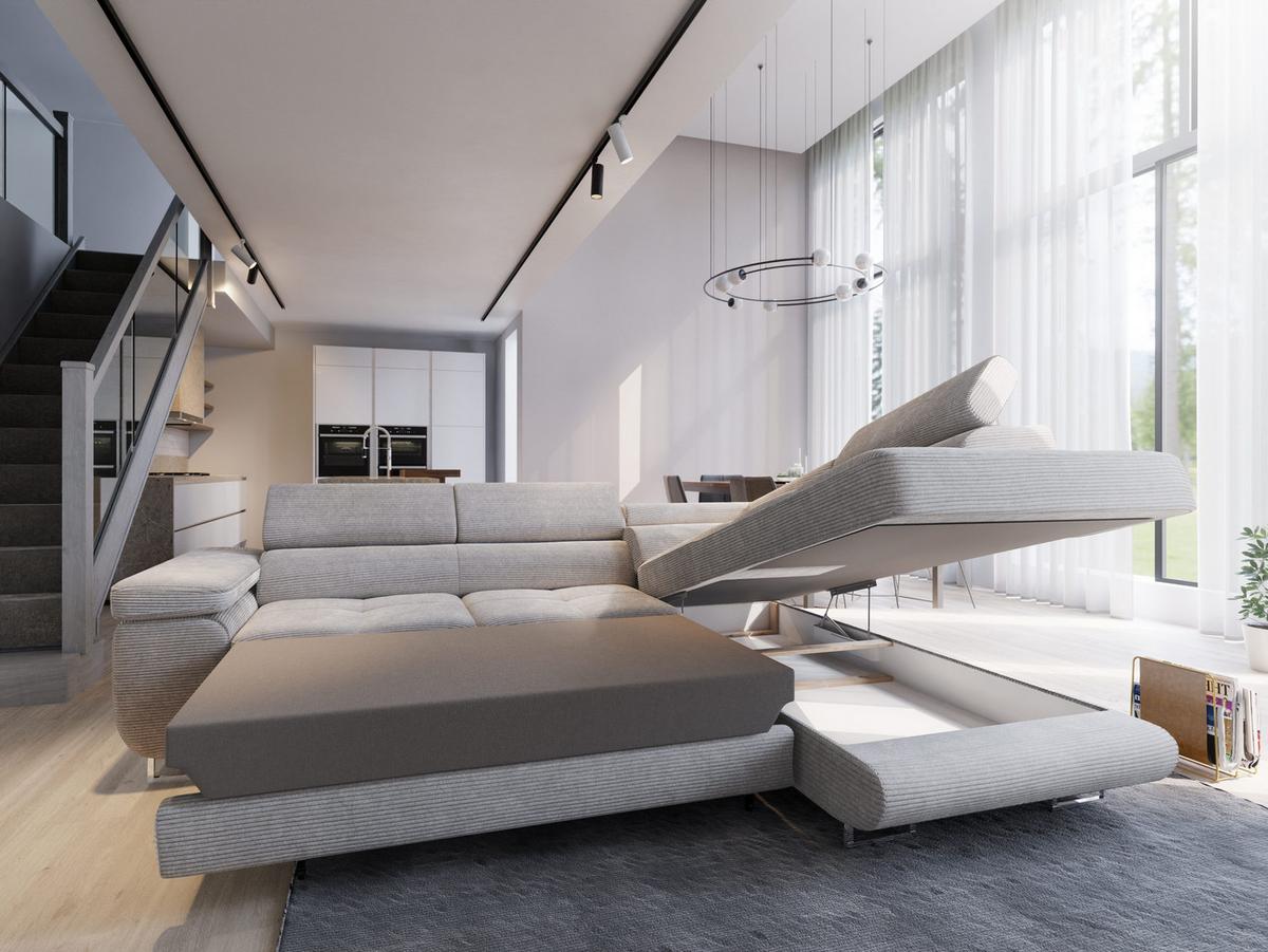 ECKSOFA APIRO R-S Creme Kordstoff mit Schlaffunktion - Silberfarben/Creme, Holz/Textil (276/202cm) - MASSENO