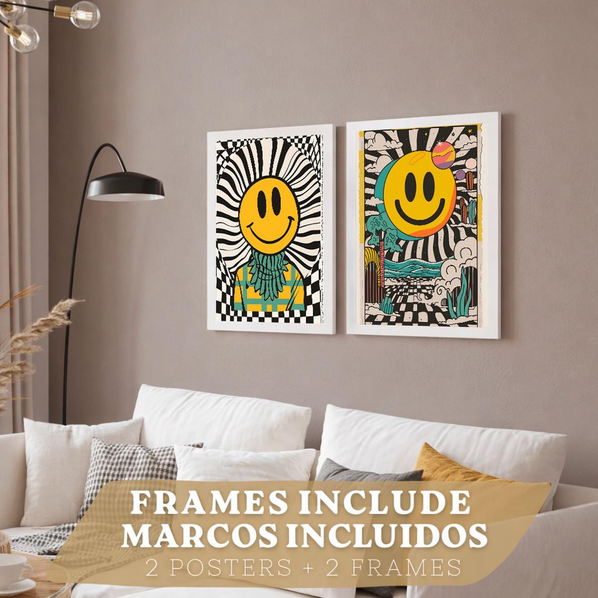 POSTER 4er Kunstdruck-Set Wandbilder Smiley Emoji modern Wohnzimmer Deko, Schlafzimmer, Küche, Badezimmer Weißer Rahmen A3 - Weiß, Papier (29.7/1/42cm) - Nacnic