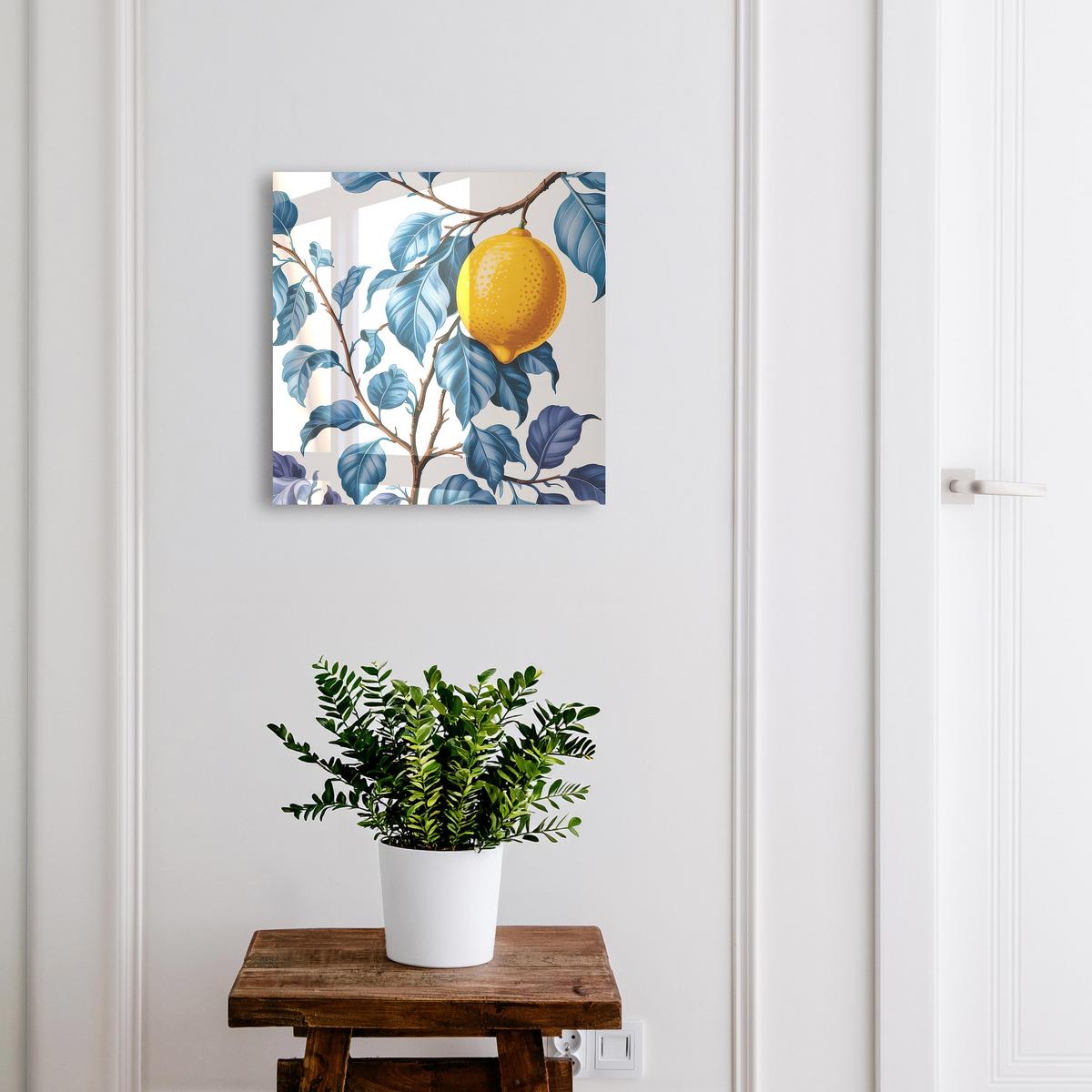 SCHLÜSSELBOX Weiß 30x30 cm – Türöffnung nach rechts - Zitronenblätter - Blau, Metall (30/30/5cm) - TULUP