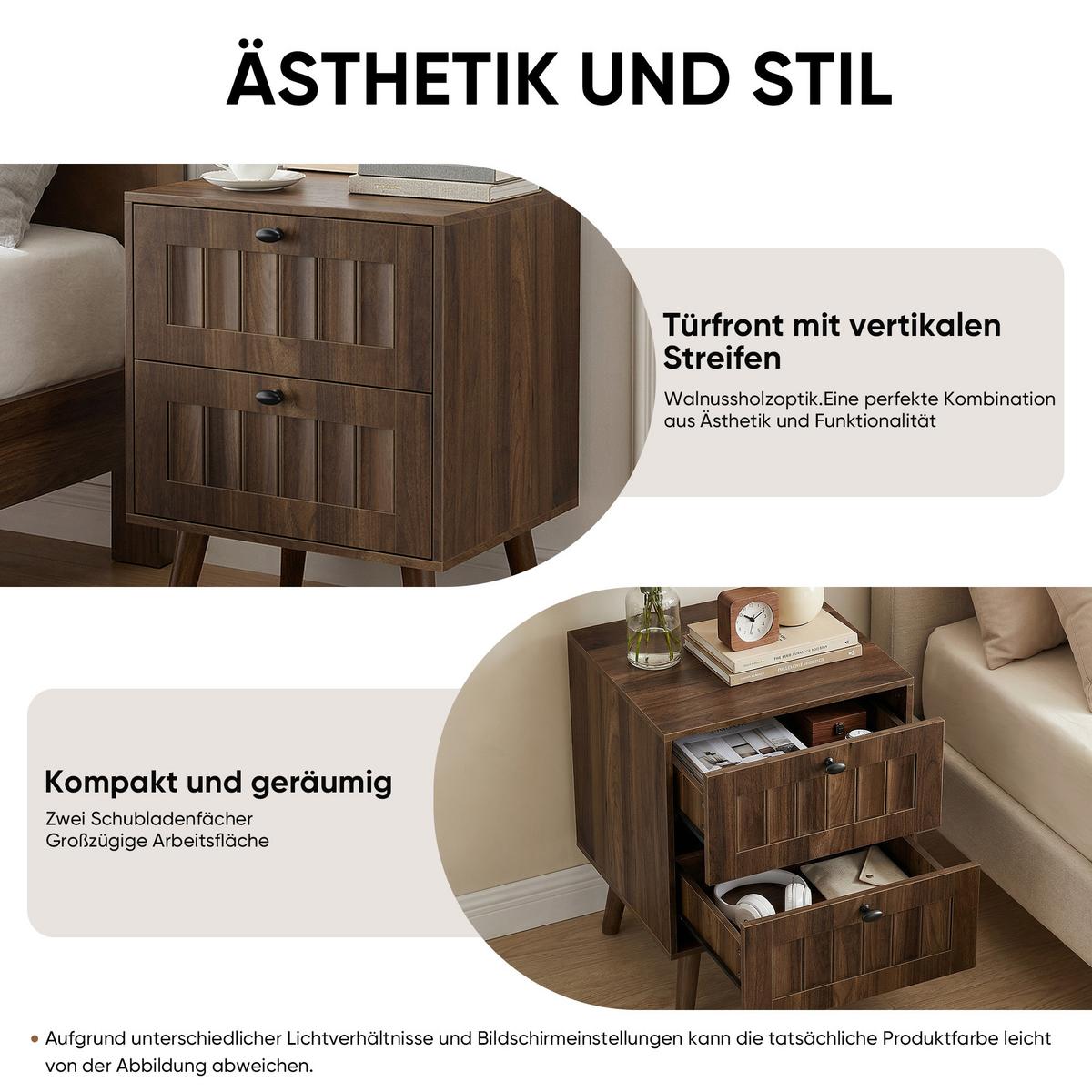 NACHTTISCH in walnuss-optik, mit 2 schubladen und massivholzbeinen - Walnussfarben, Holzwerkstoff (43.5/58/40cm) - Urban Meuble