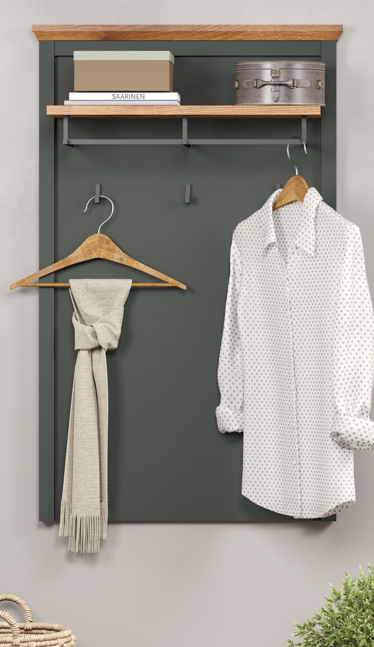GARDEROBENPANEEL grün, Evoke Eiche 77 x 123 cm, Wandgarderobe im Landhaus-Stil - Eichefarben/Grün, Holzwerkstoff (28/123/77cm) - Top.Furn