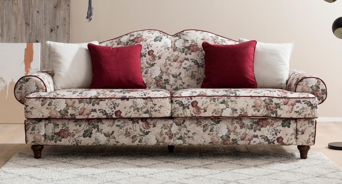SOFA 3,5-SITZER creme Landhaus, Blumen Design, Couch 228 cm - Beige/Rot, Holz/Textil (228/96/90cm) - Furn.Design