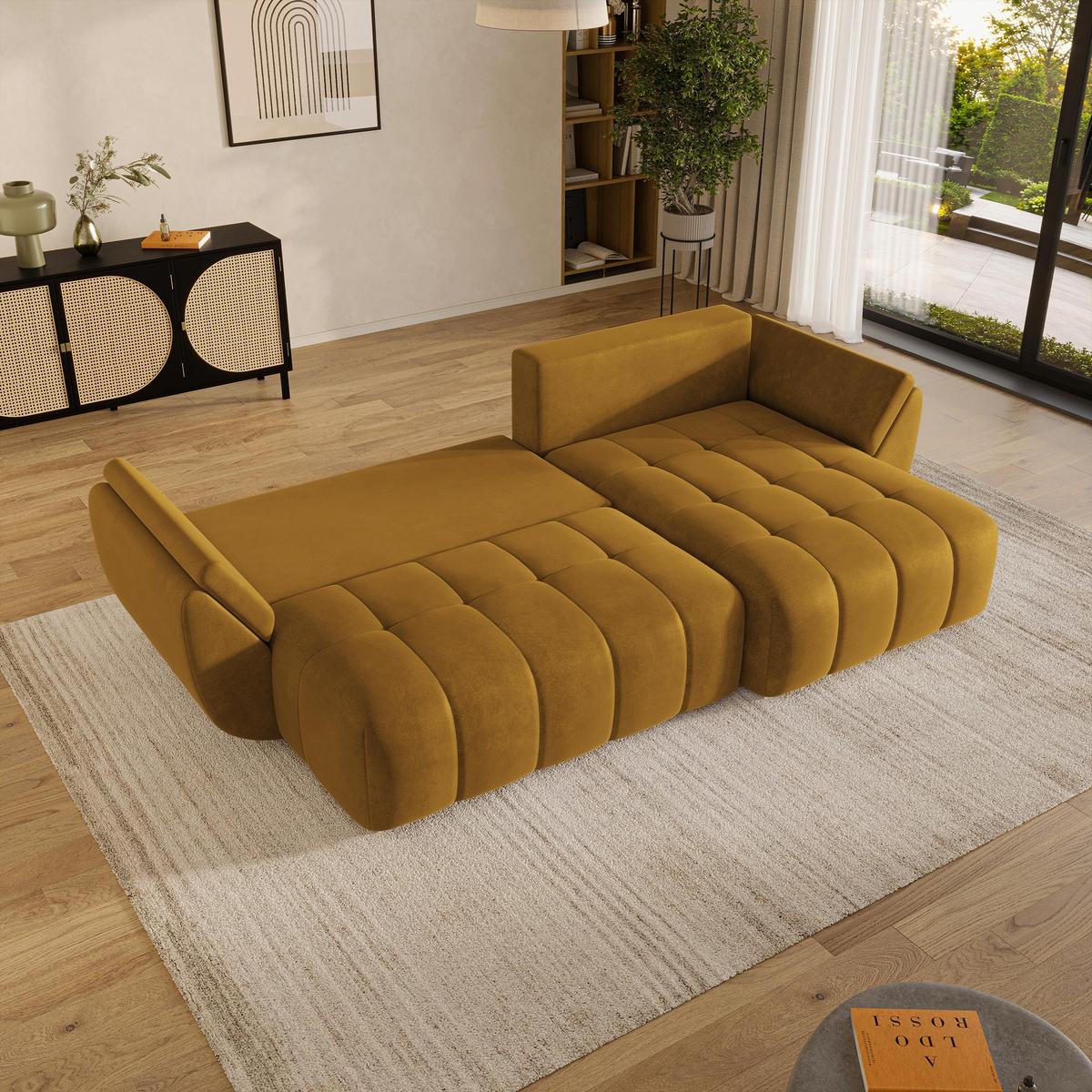 ECKSOFA OLSI Gelb Velours-Stoff mit Schlaffunktion - Gelb, Holz (285/148cm) - MASSENO