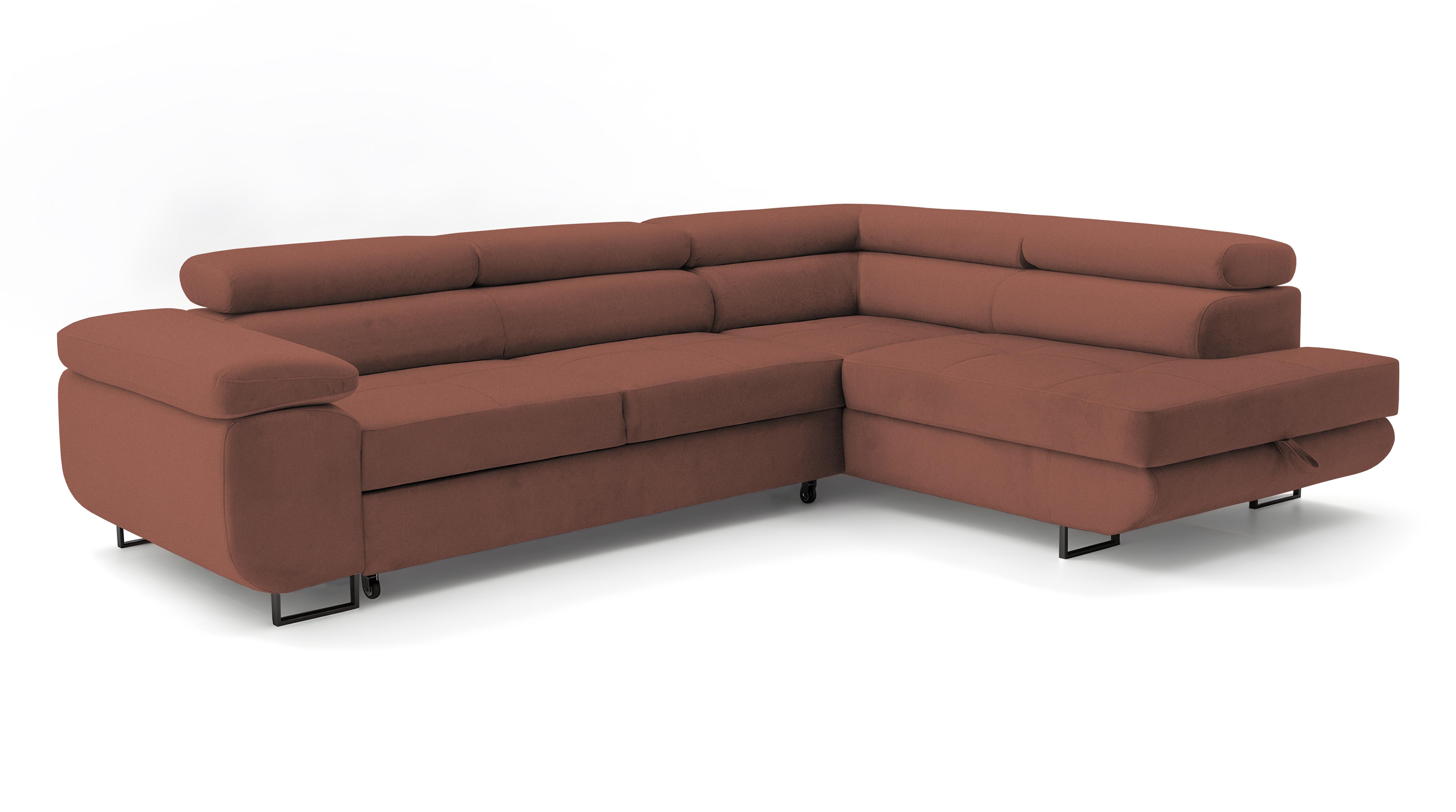 ECKSOFA Velmo mit Bettkasten und Schlaffunktion, verstellbaren Kopfstützen, in L-Form - Hellrosa, Textil (275/203cm)