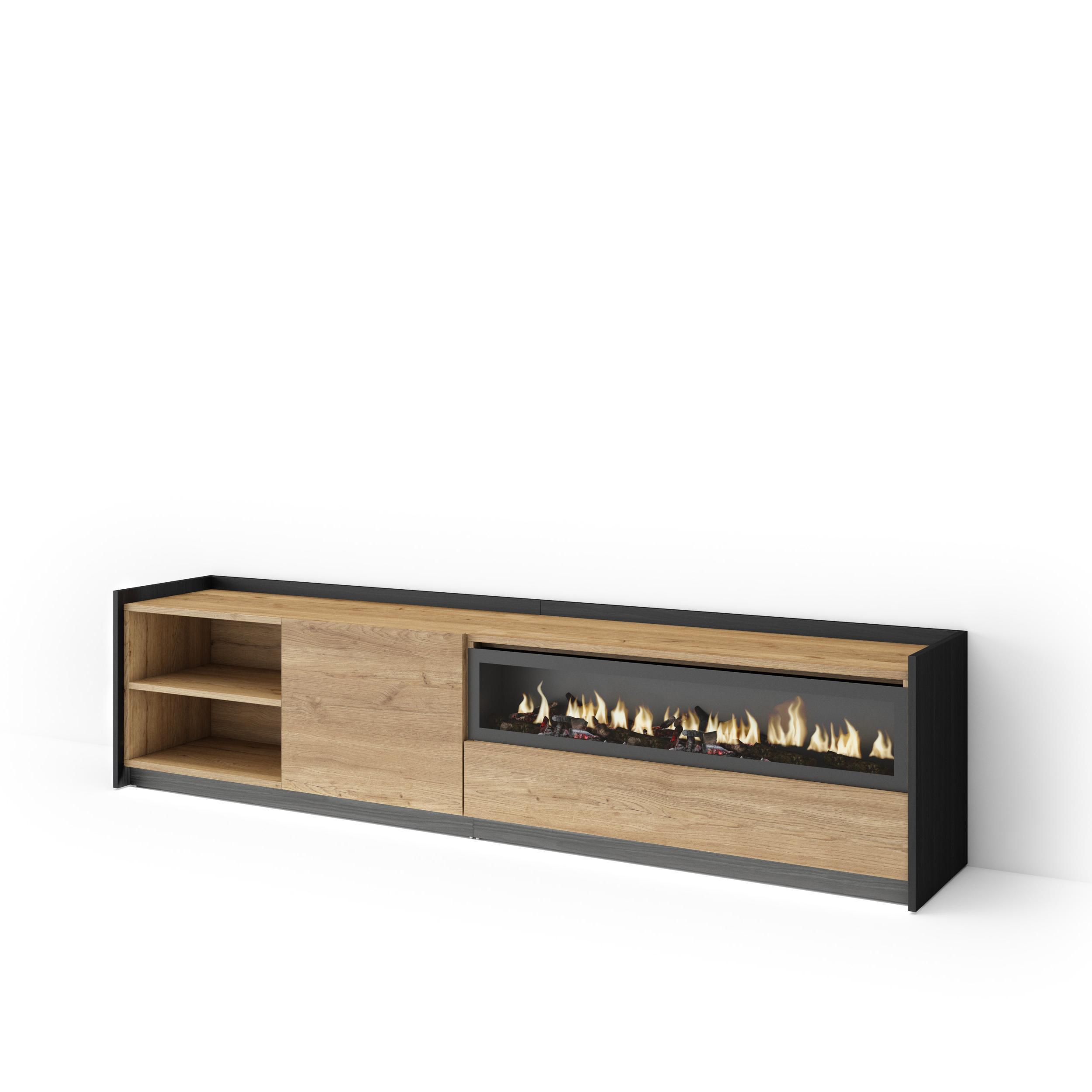 LOWBOARD, Eiche und Schwarz, 207/37/50cm, Kamin mit Feuereffekt - Eichefarben, Holzwerkstoff (207/50/37cm) - Skraut Home