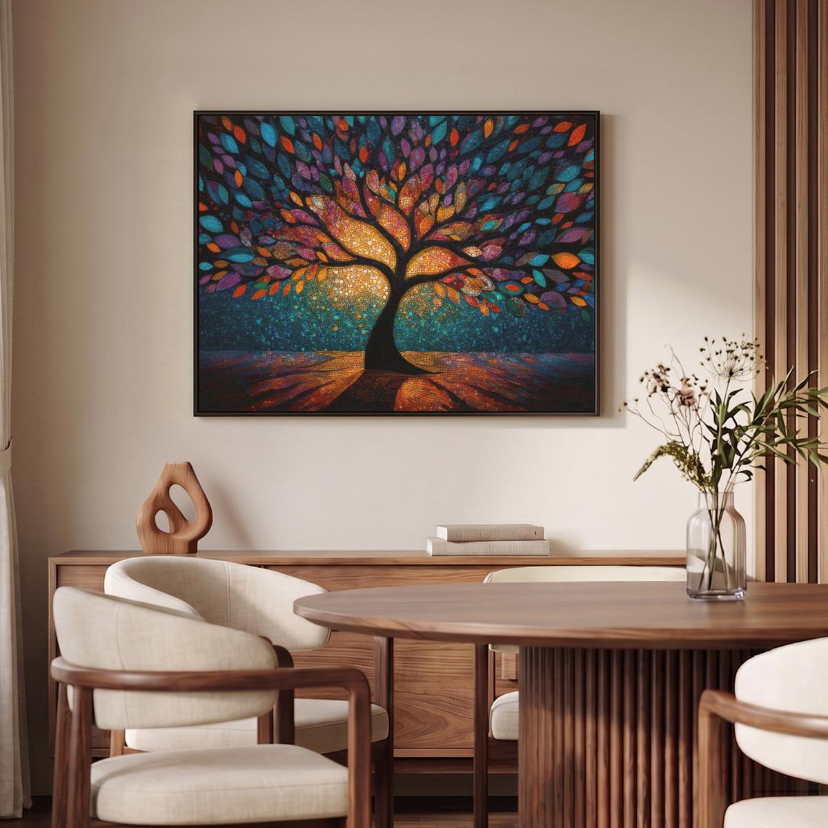 LEINWAND Bilder mit Rahmen - Mosaik - Bunt - Baum - Äste - 100x70 - Multicolor, Textil (100/70cm) - MuchoWow