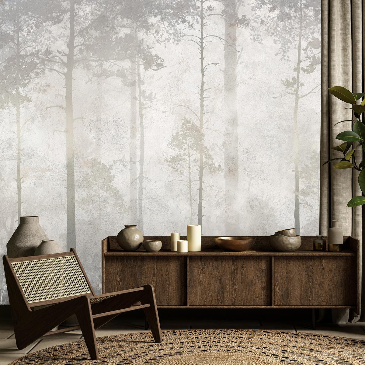 FOTOTAPETE für Wohnzimmer Nebliger Wald Vintage Bäume 400x280 - Beige/Grau, Papier (400/280cm) - Muralo