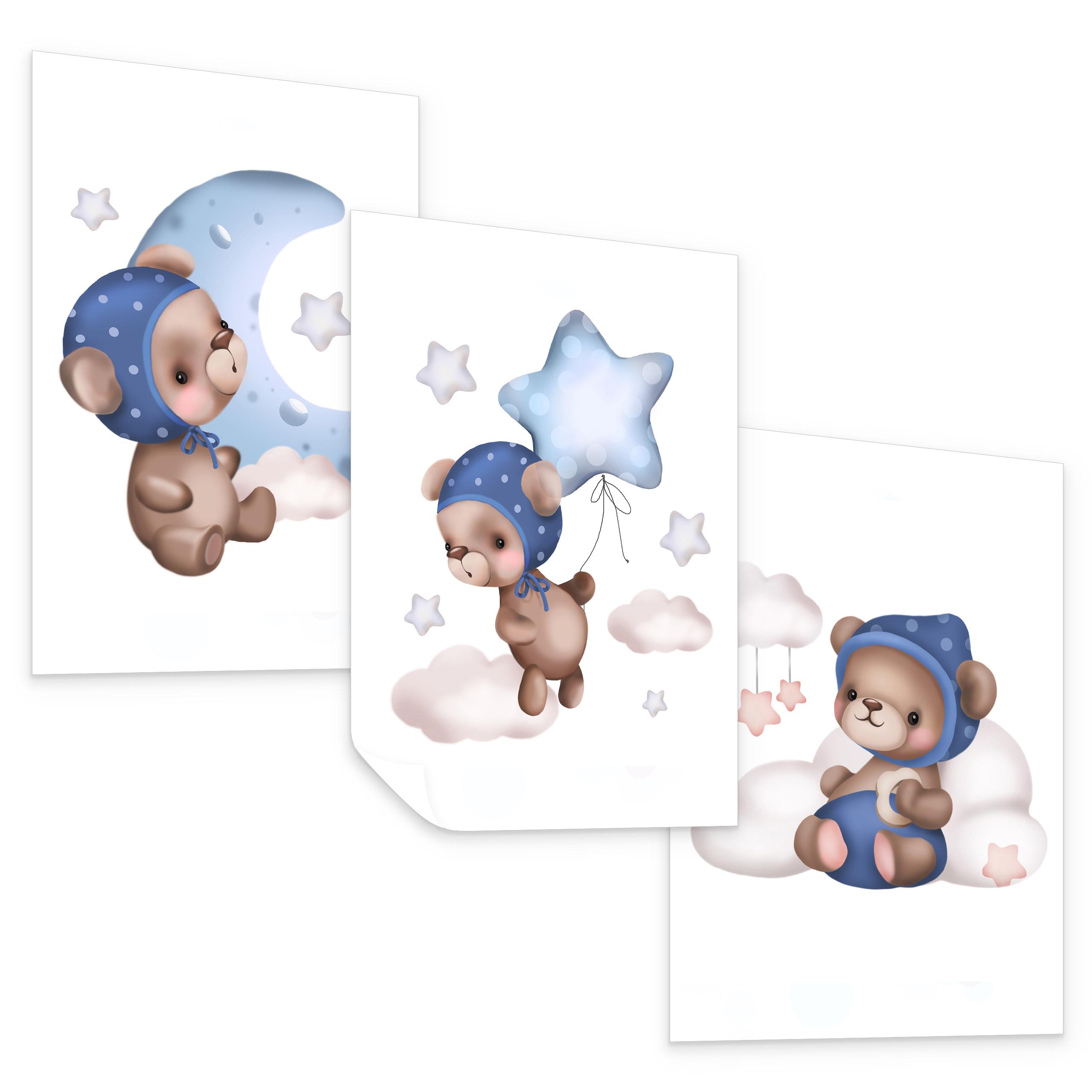 POSTER SET für Kinderzimmer Teddybären Ballons Sterne Wolken 3x Poster A4 21x30cm - Beige/Rosa, Papier (21/30/1cm) - Muralo