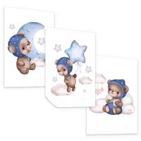 POSTER SET für Kinderzimmer Teddybären Ballons Sterne Wolken 3x Poster A4 21x30cm - Beige/Rosa, Papier (21/30/1cm) - Muralo