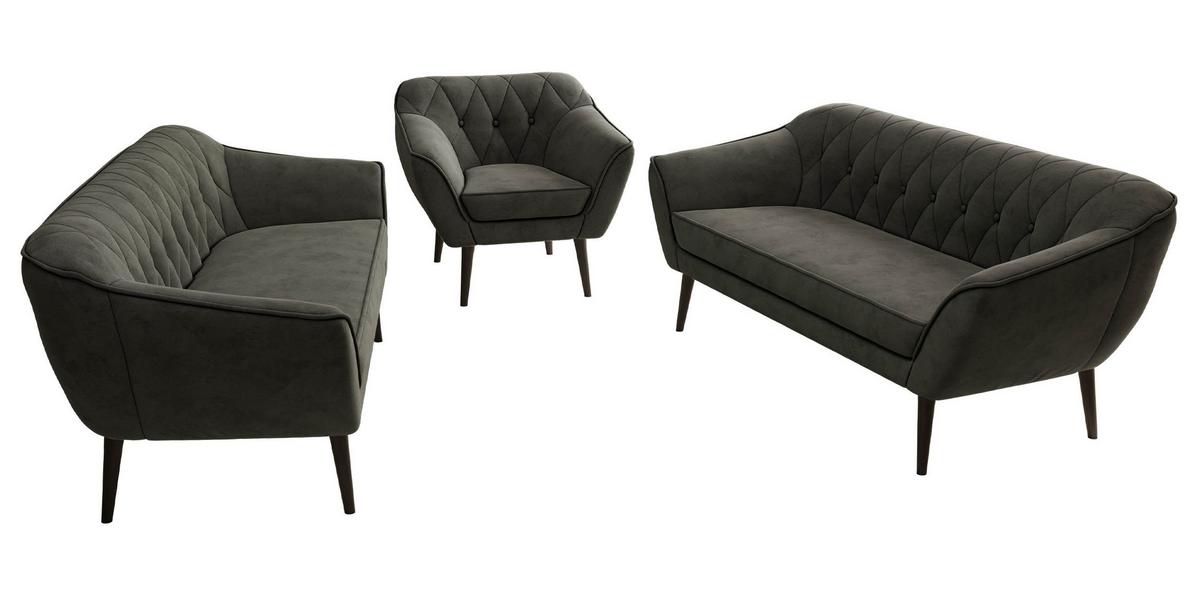 SITZGARNITUR PIRS 3+3+1 - Dunkelgrau Velvet - Schwarze Beine - Dunkelgrau/Schwarz, Holzwerkstoff/Textil (180/75/74cm) - MKS