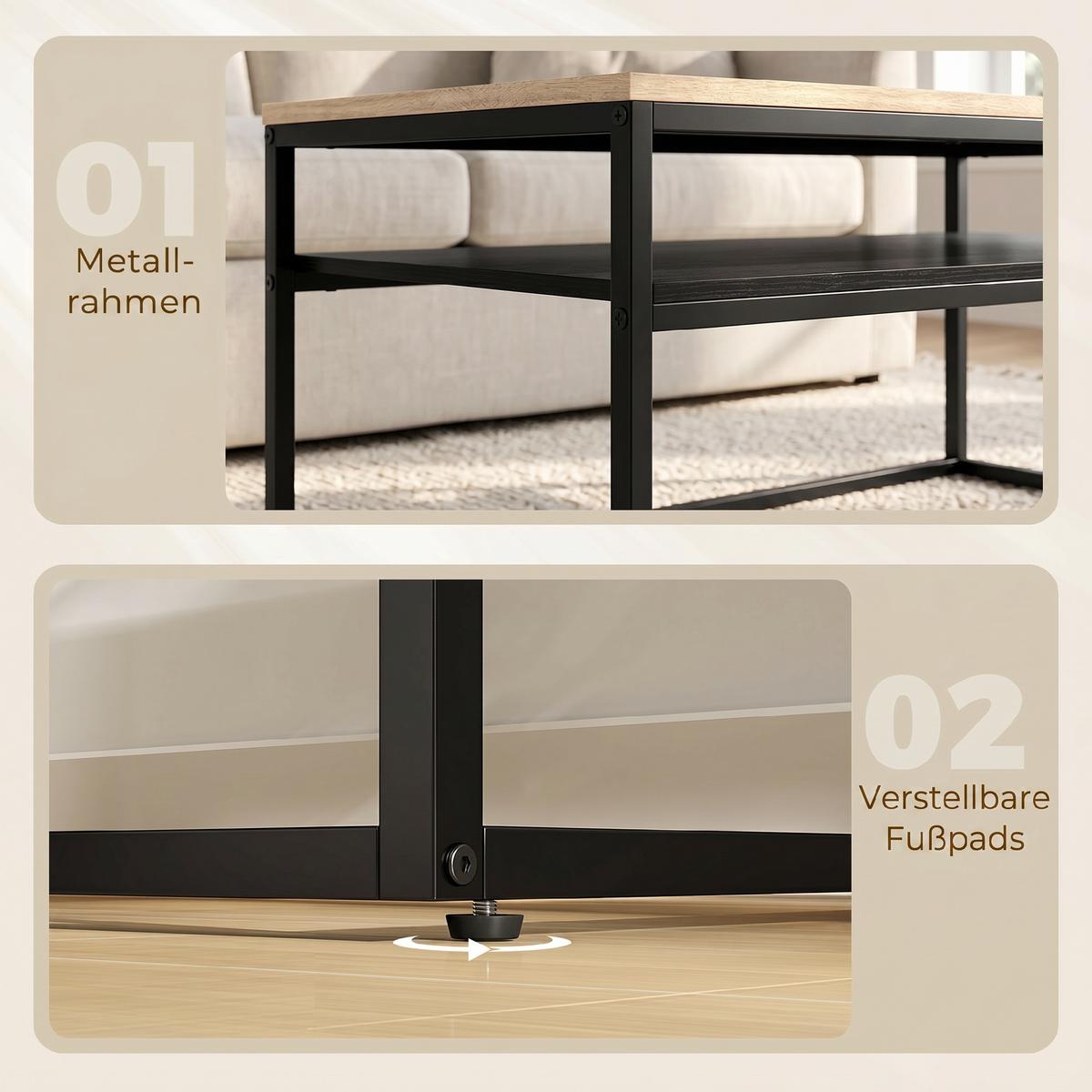 COUCHTISCH Spanplatte Metall Naturholz - Eichefarben/Schwarz, Holzwerkstoff/Metall (100/59.8/47cm) - HOMCOM