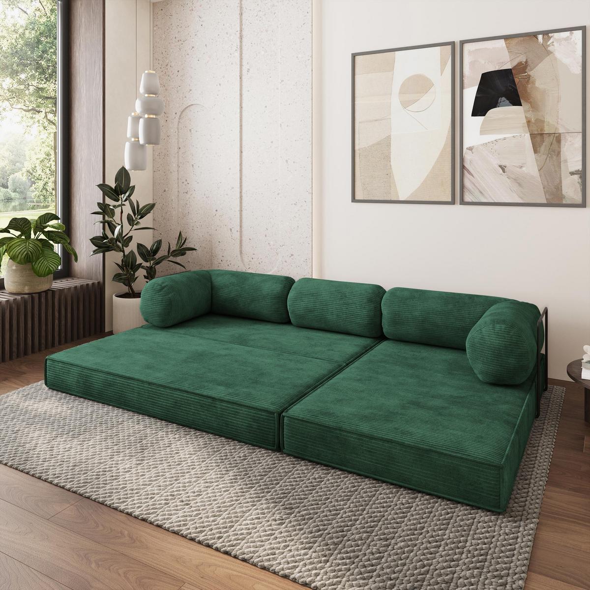 ECKSOFA ETERA modulares Boneless Sofa mit Schlaffunktion Grün Kordstoff - Grün, Textil (270/160cm) - MASSENO