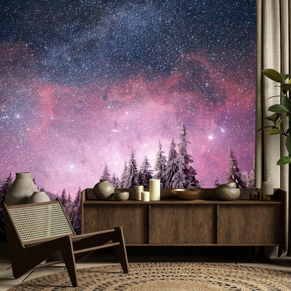 FOTOTAPETE für Schlafzimmer Verzauberter Tannenwald Winter Aurora 350x256 - Violett/Schwarz, Papier (350/256cm) - Muralo