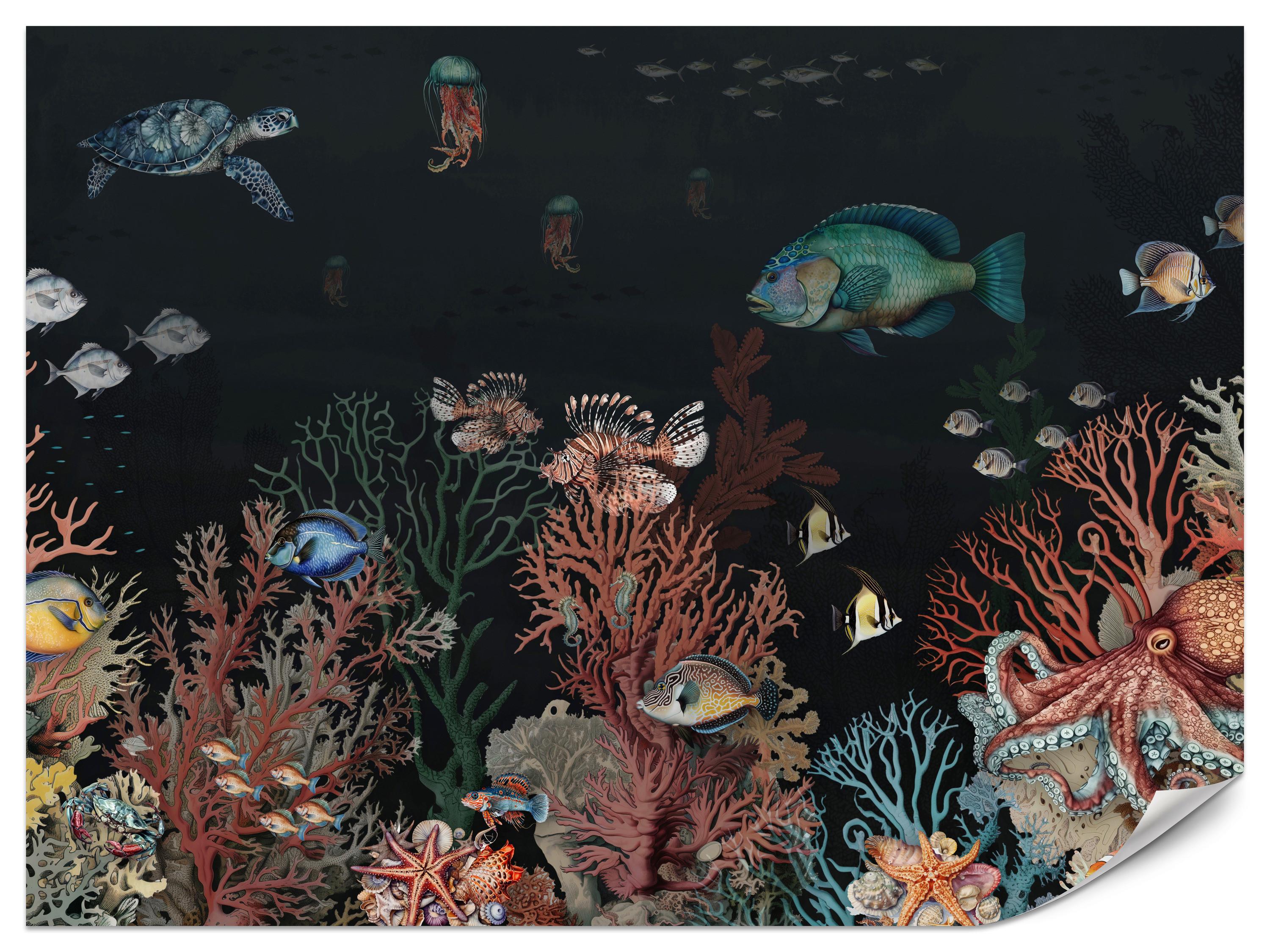 FOTOTAPETE für Badezimmer Bunter Unterwasser Pflanzen Riff Fische 500x350 - Rot/Schwarz, Papier (500/350cm) - Muralo