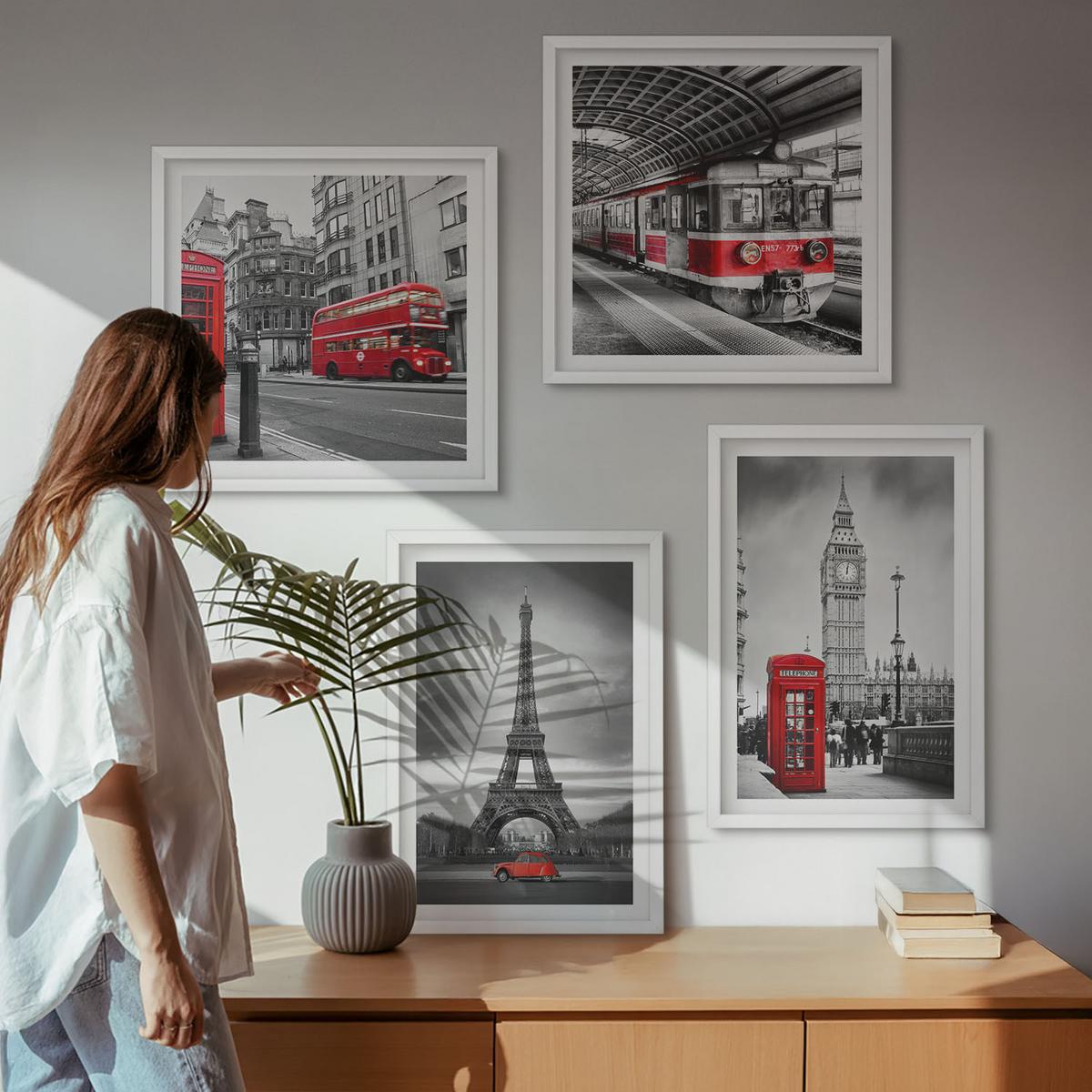 BILDER SET 4er Set - 50x50 cm & 40x60 cm Weißer Rahmen - Rote Busse in der Stadt - Weiß, Kunststoff (50/50cm) - TULUP