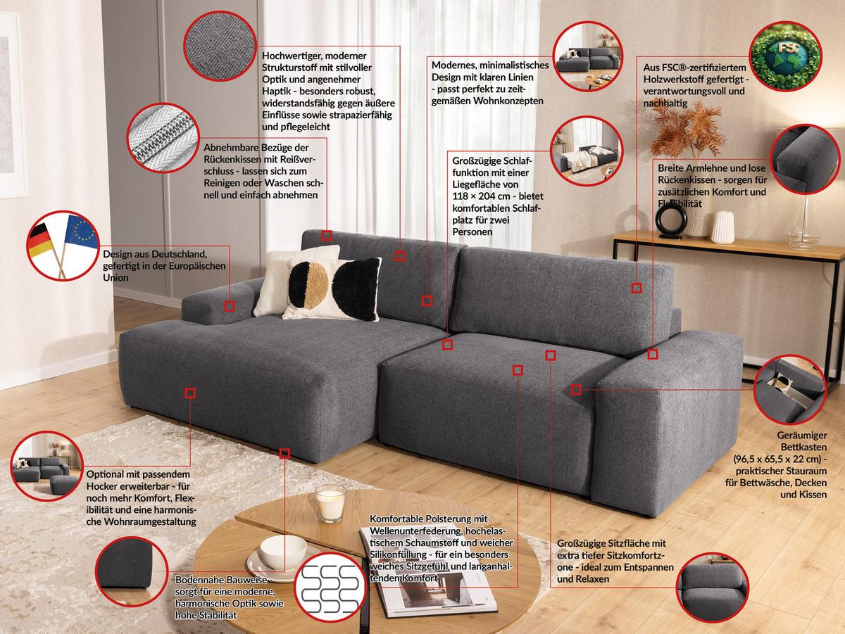 ECKSOFA inkl. Hocker Lennon aus Graphit Strukturstoff mit Schlaffunktion und Bettkasten - Graphitfarben/Schwarz, Holz/Kunststoff (137/264cm) - S-Style