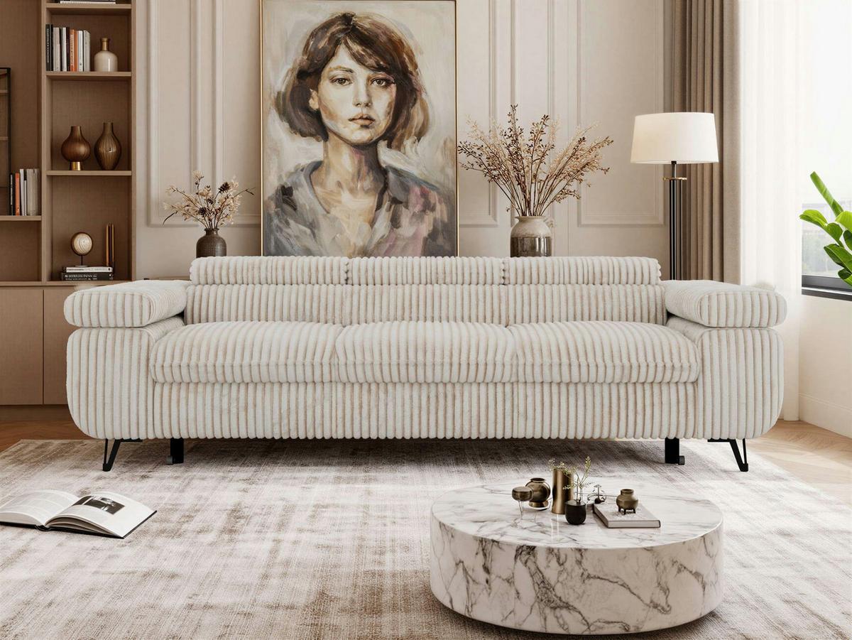 3-SITZER SOFA PETER mit Schlaffunktion - Beige Cord - Beige/Creme, Textil/Metall (262/76/99cm) - MKS