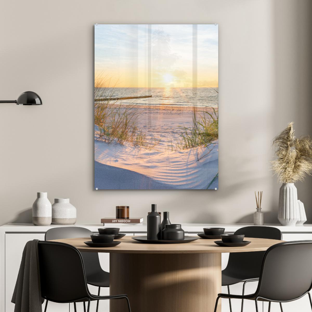 ACRYLGLASBILD Strand - Sonne - Düne - Gras - Sand - Horizont 60x80 cm - Hellblau, Glas (60/80cm) - MuchoWow