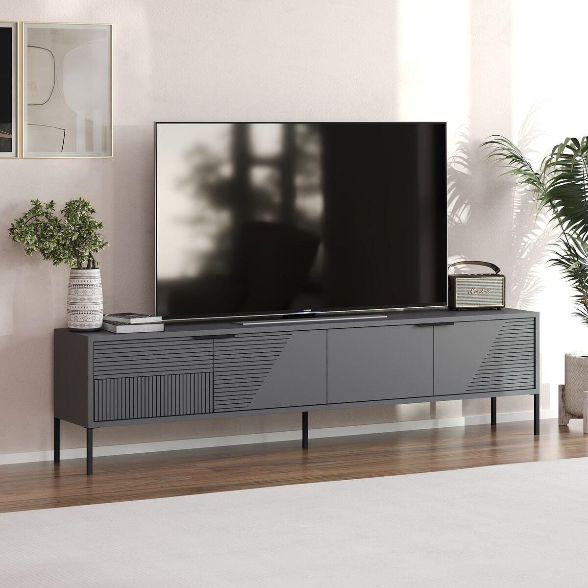 TV-MÖBEL auf Füßen mit 2 klappbaren, gerippten Türen 30/180/45 cm - Anthrazit, Holzwerkstoff (30/45/36cm) - Calicosy