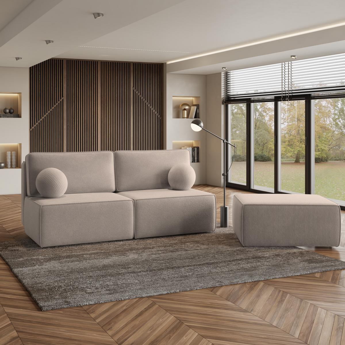 ECKSOFA VARNA P Beige Kordstoff mit Schlaffunktion - Beige/Grau, Holz/Kunststoff (196/158cm) - MASSENO