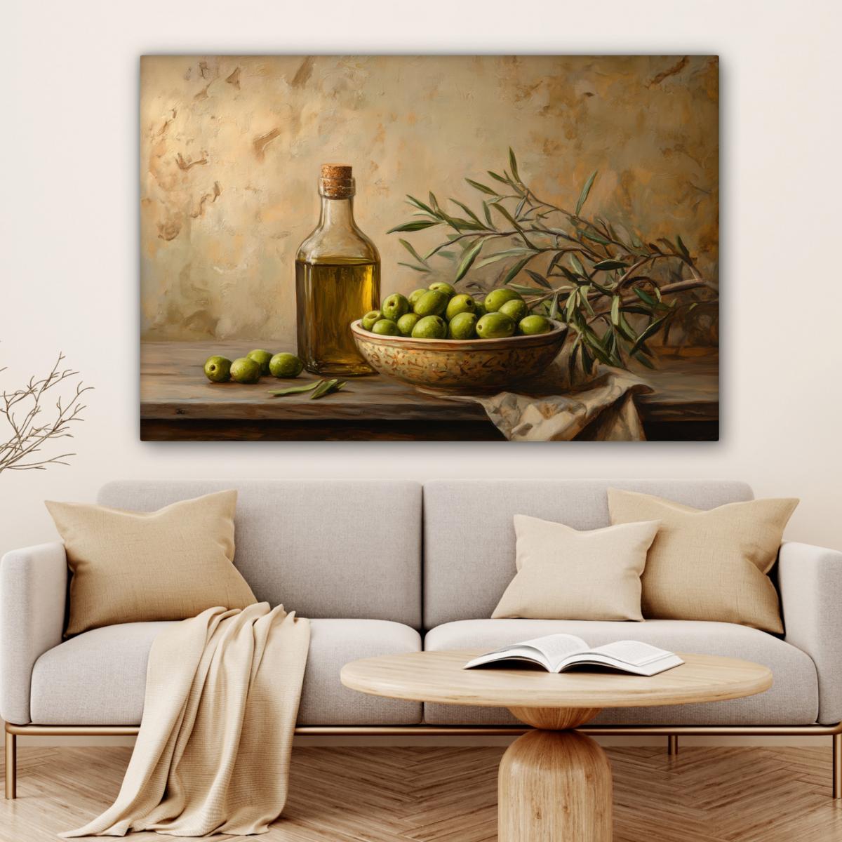 LEINWANDBILD Oliven - Stilleben - Vintage Groß 140x90 cm - Olivgrün, Textil (140/90cm) - MuchoWow