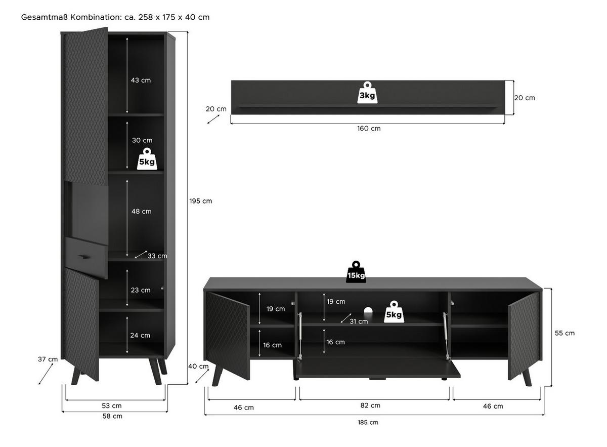 WOHNWAND grau matt 3-teilig 258 cm, Schrankwand mit Struktur - Schwarz/Grau, Glas/Holzwerkstoff (258/195/40cm) - Inn.Furn