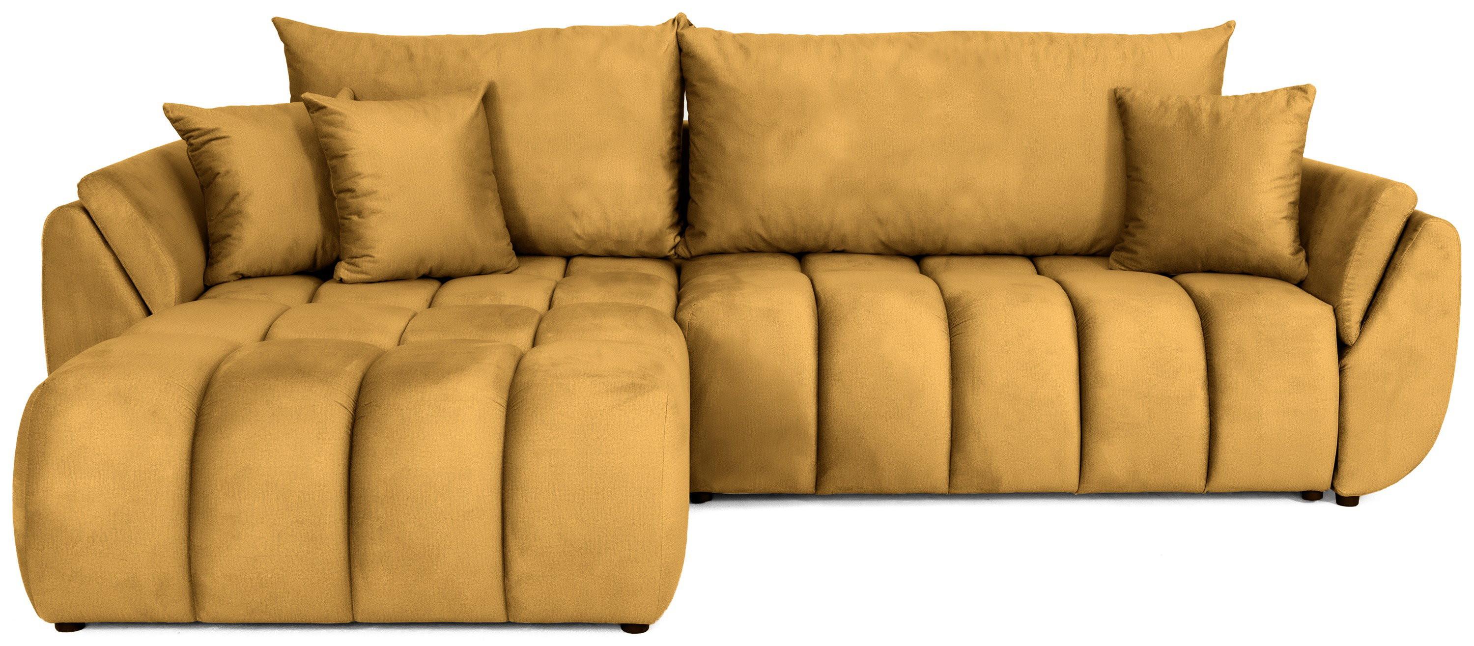 ECKSOFA Iris mit Schlaffunktion und Bettkasten, links oder rechts montierbar – Senfgelb Samt 280/184/85 cm - Dunkelgelb/Schwarz, Kunststoff/Textil (280/184cm) - WFL GROUP