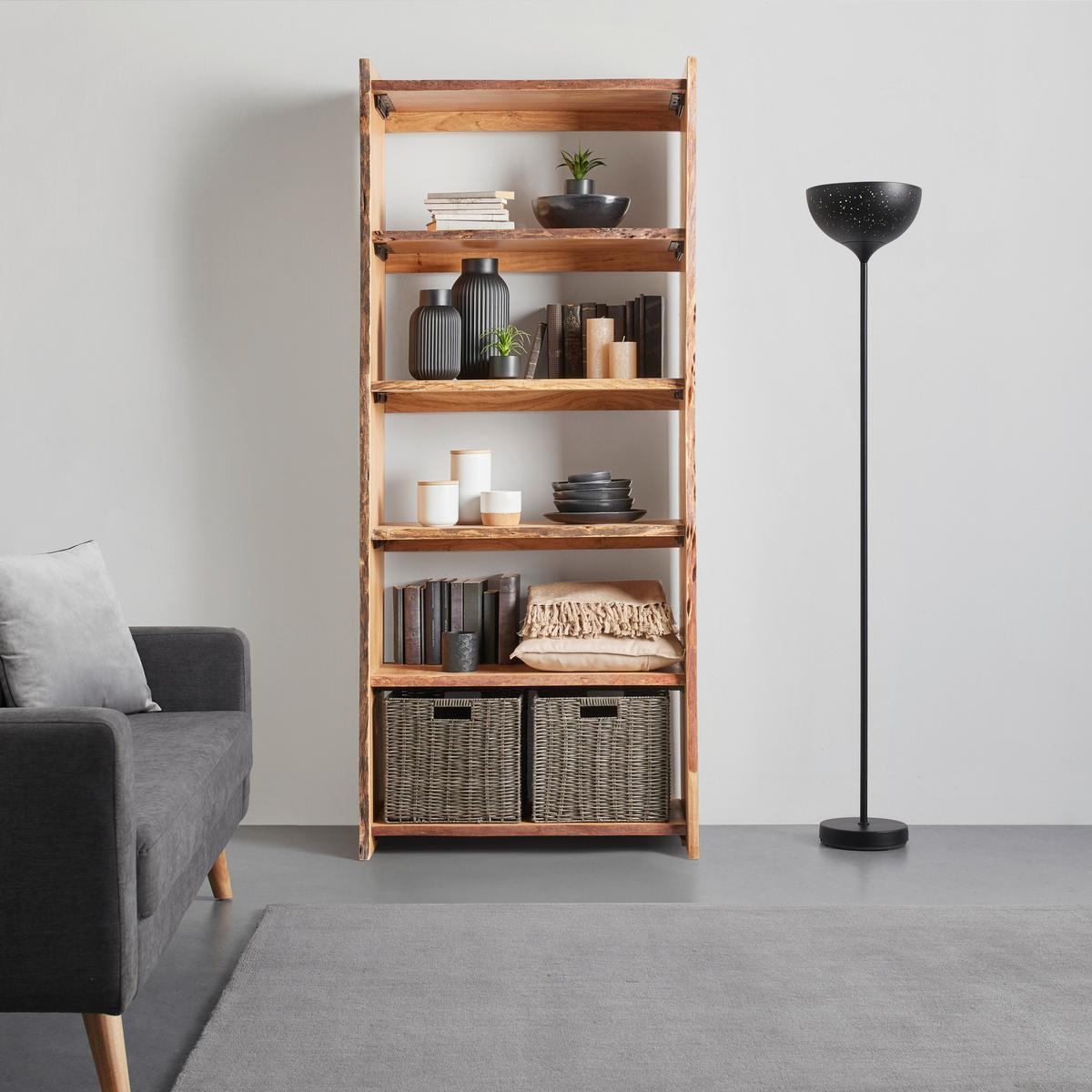 Regal in Akazienfarben - Schwarz/Akaziefarben, Natur, Holz/Metall (80/190/38cm) - Premium Living