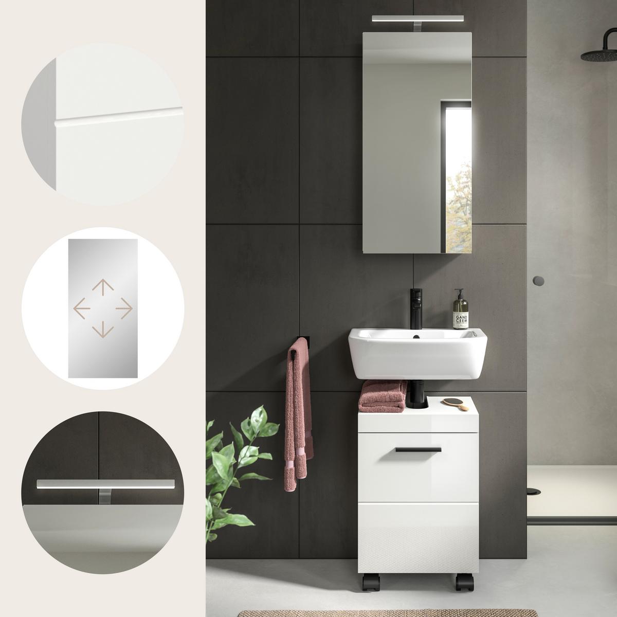 Badezimmer NOVA Weiß, Weiß Hochglanz 2-teilig - Weiß Hochglanz/Schwarz, Trend, Glas/Holzwerkstoff (40cm) - MID.YOU