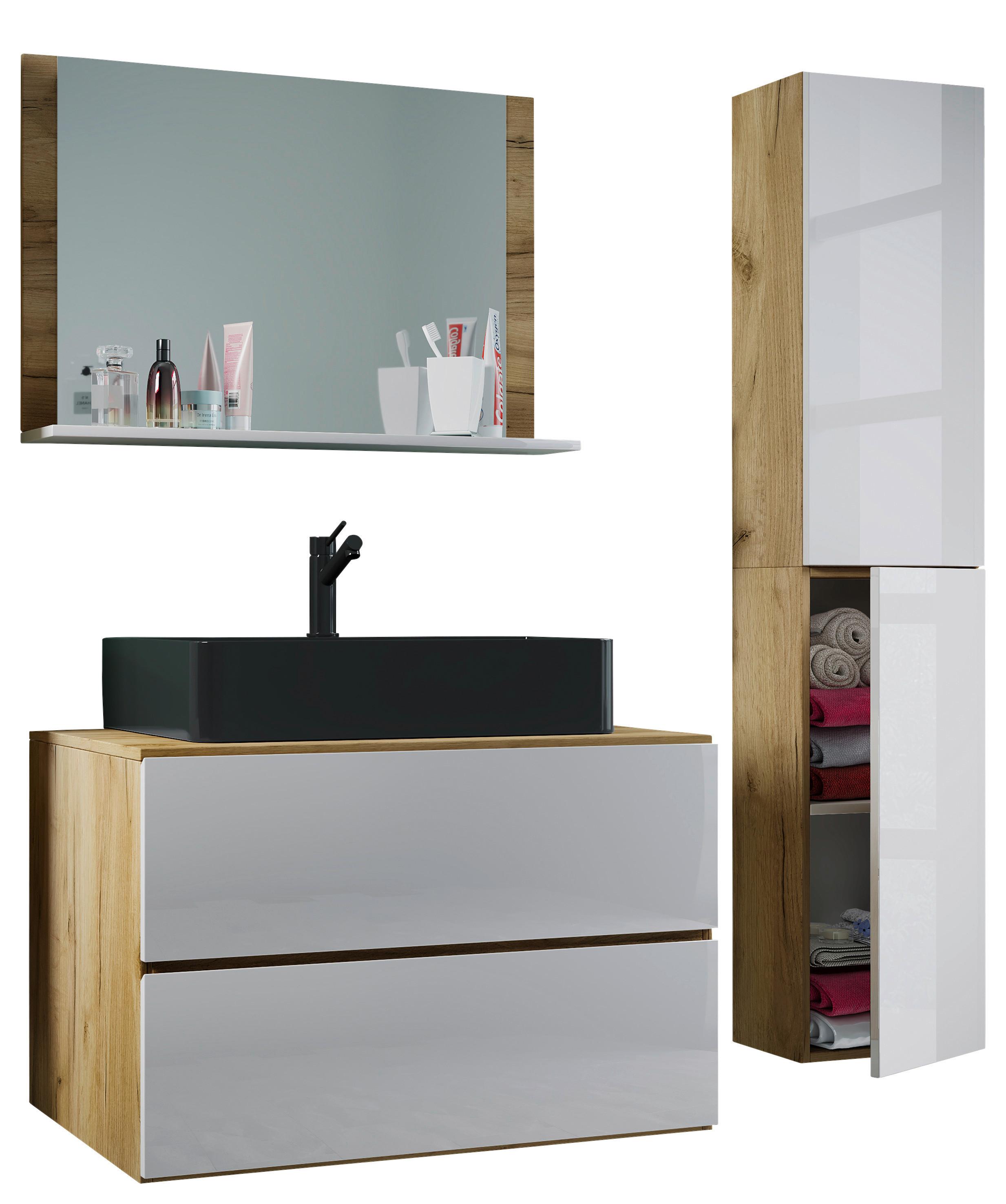 Kopalnica Lendas L, Medeni Hrast, Bela - črna/bela, Moderno, steklo/leseni material (114cm) - MID.YOU
