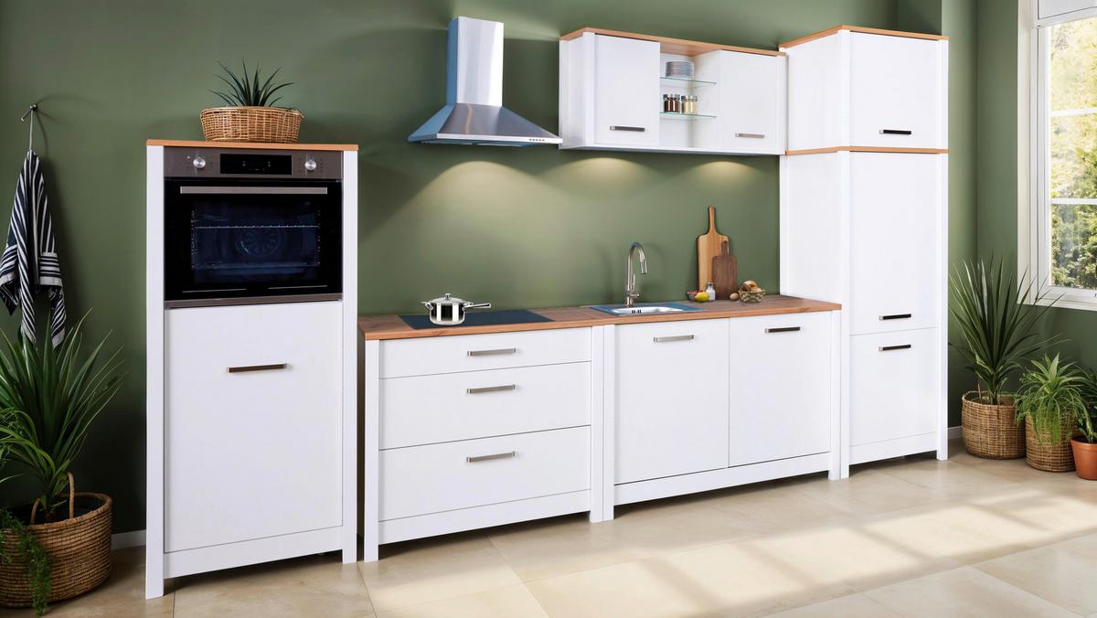 Küchenleerblock Bundle 7-Sorba o. Geräte Weiß - Silberfarben/Weiß, MODERN, Glas/Holzwerkstoff (370cm) - home24