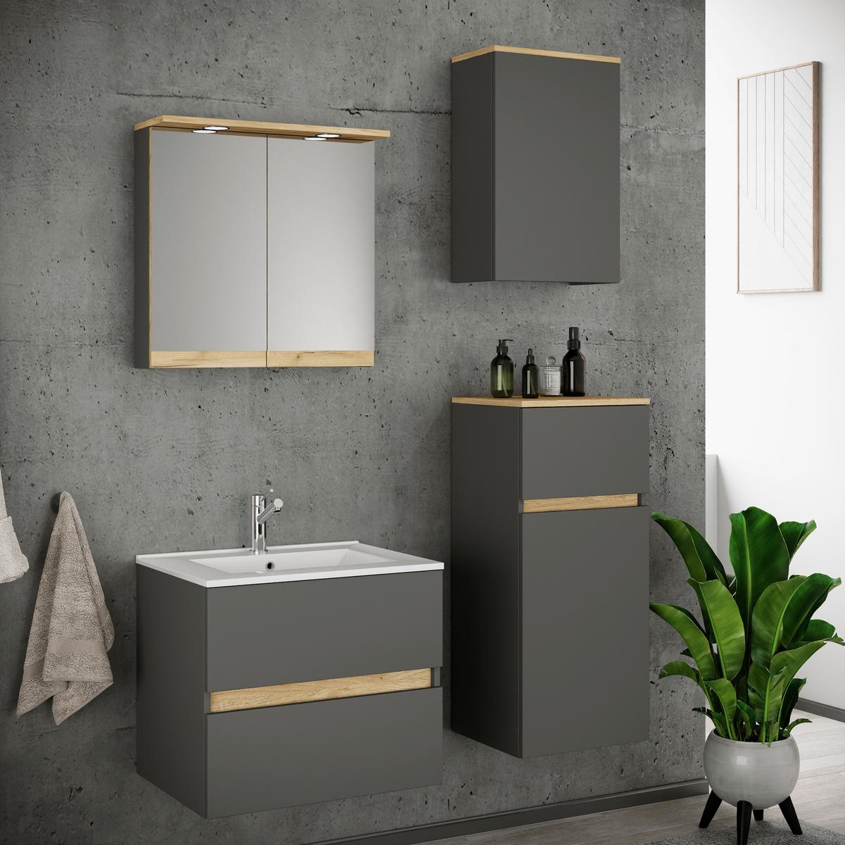 Badezimmer Cosila - Honigeiche/Weiss, Trend, Keramik/Holzwerkstoff (101cm) - MID.YOU