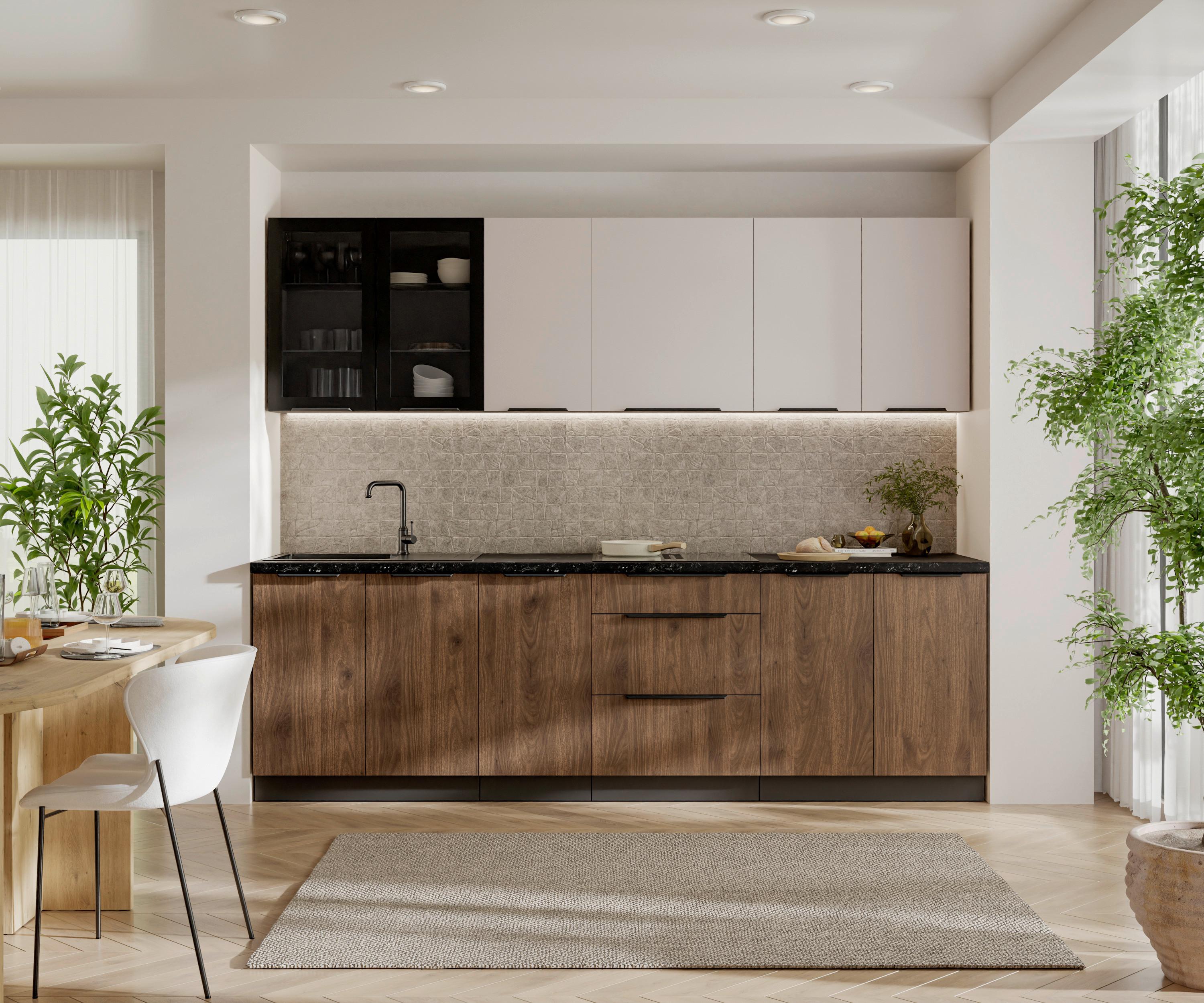 Blok Kuhinja Arona/monza - kašmir/boja orahovog drveta, Moderno, staklo/metal (260/210/60cm) - Modern Living