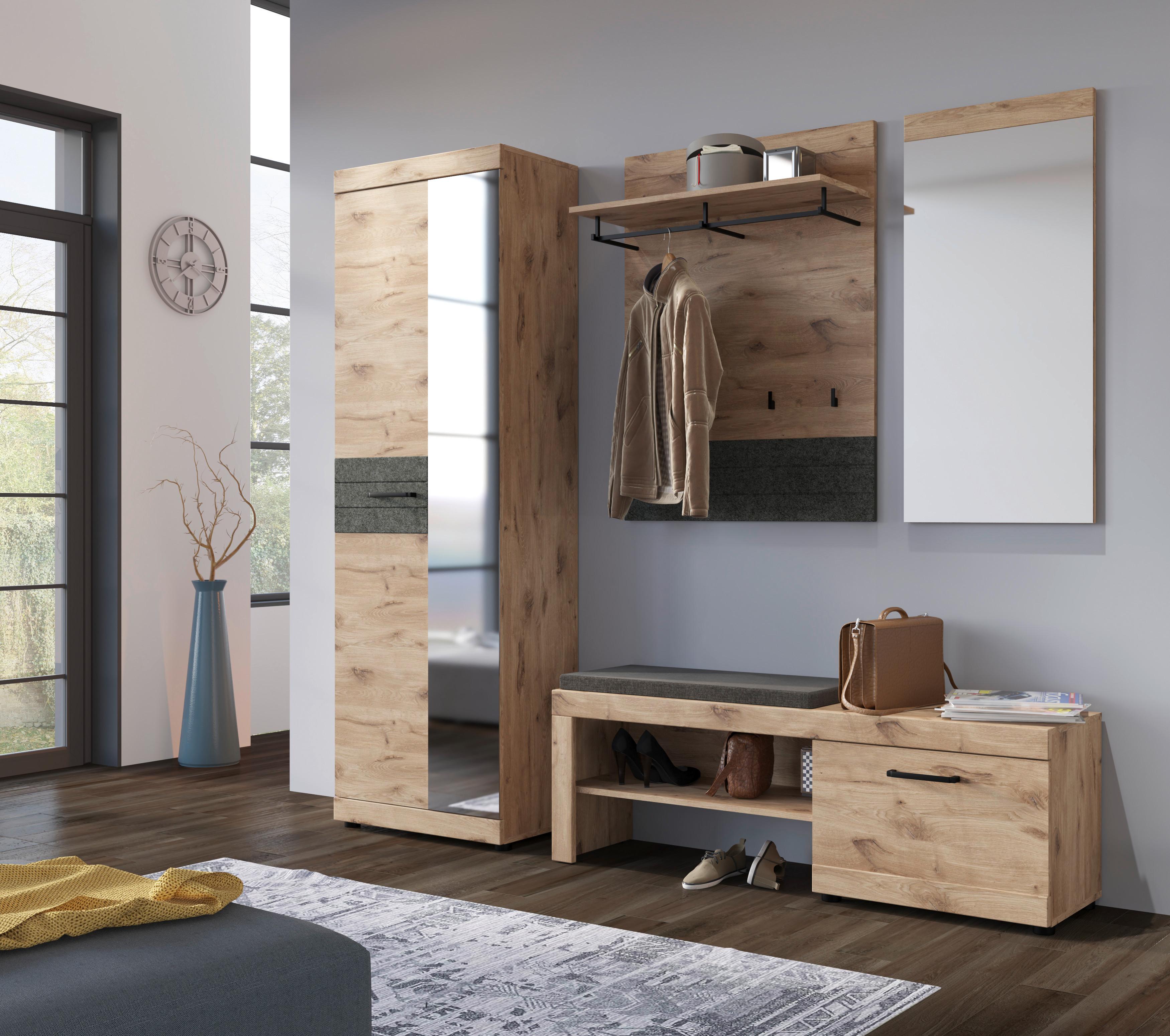 Bancă pentru hol ROXY - gri închis/culoare lemn stejar, Design, material pe bază de lemn (140/51,9/37,9cm) - Modern Living