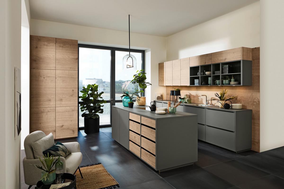 Einbauküche Manhattan in Grau/Eichefarben - Eichefarben/Grau, MODERN, Holzwerkstoff - Nolte Küchen