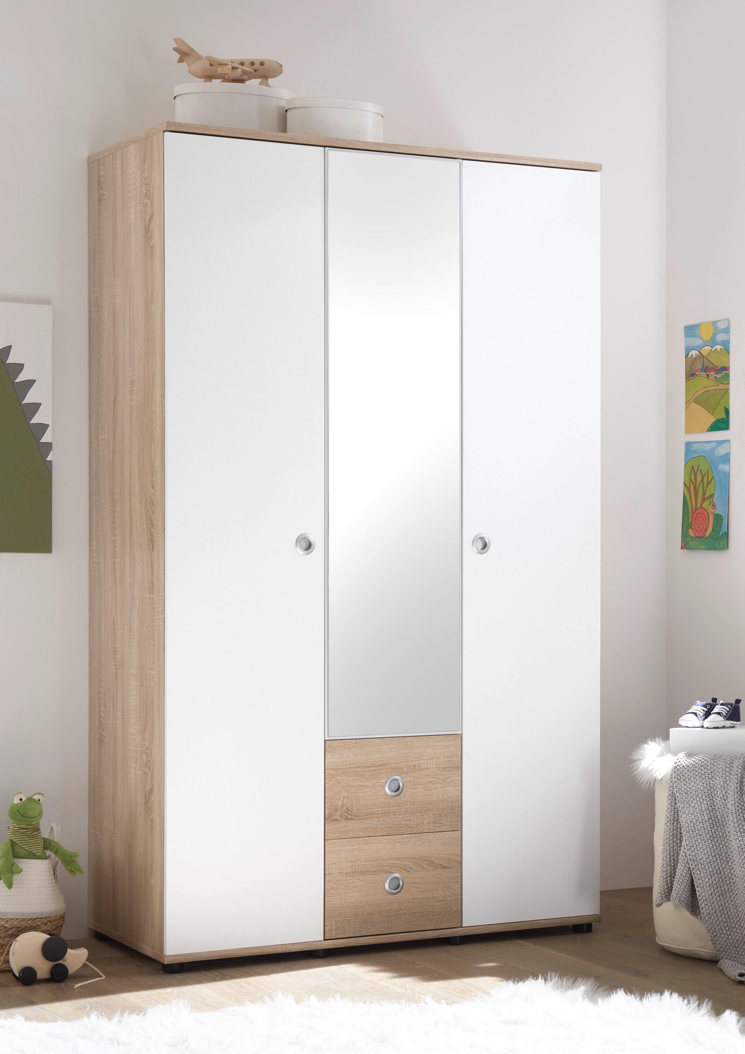 Garderobna Omara Wiki, Bela, Hrast, Ogledalo, Š.115cm - bela/barve aluminija, Konvencionalno, umetna masa/steklo (115/190/52cm) - MID.YOU