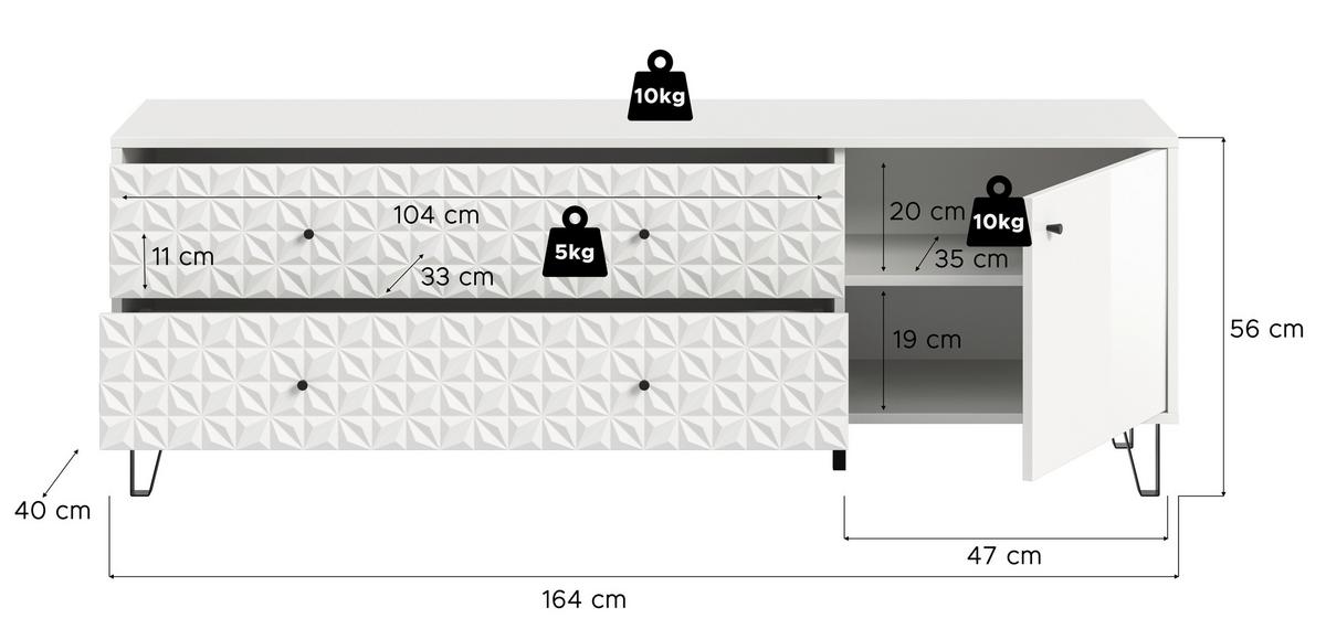 Lowboard Prisma Weiß hochglanz - Weiß Hochglanz/Schwarz, Design, Holzwerkstoff/Kunststoff (164/56/40cm) - Livetastic