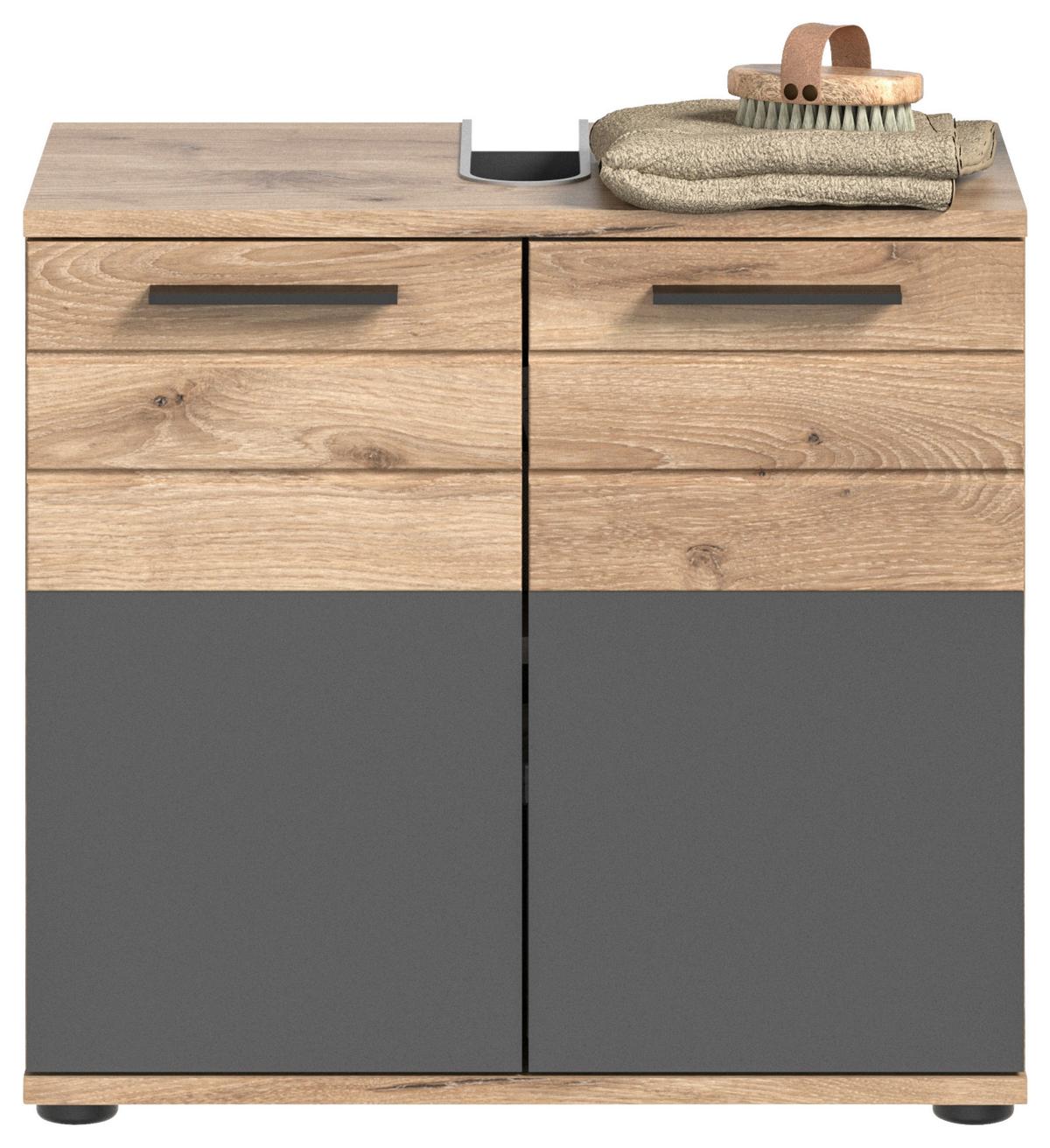 Badezimmer-Set MASON 6-teilig, Grau/Erlefarben - Erlefarben/Schwarz, MODERN, Glas/Holzwerkstoff (134cm) - MID.YOU